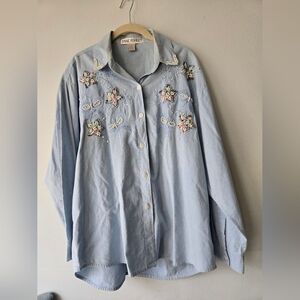 Vintage Jane ASHLEY Floral Blouse Embroidered Faux Pearls Large